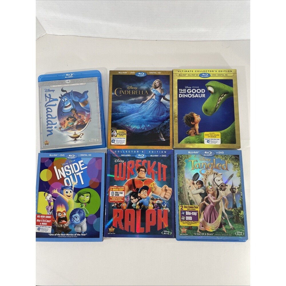 Disney Pixar Blu-ray Lot 6 Aladdin Tangled Inside Out Wreck-It Ralph Movies